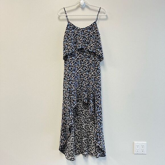 INTERMIX RUFFLED HIGH-LOW DRESS LAYLA NAVY LEAF PRINT SILK SIZE SMALL - Picture 2 of 13